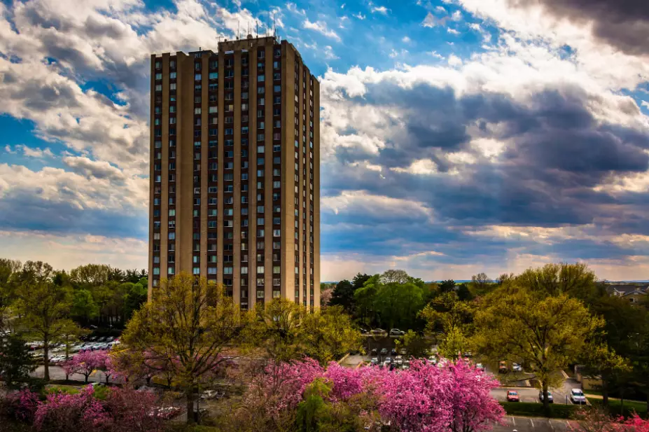 Building and colorful trees in Gaithersburg, Maryland